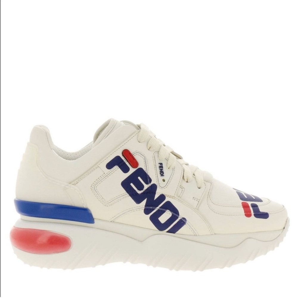 AUTHENTIC Fendi Cream Sneakers with Blue and Red Details